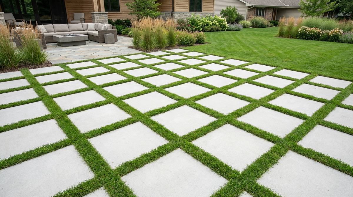 A modern garden design featuring square concrete pavers arranged in a precise grid pattern, creating visual rhythm across a lawn. The uniform spacing allows grass to emerge, softening the hardscape, ideal for high-traffic zones with efficient drainage and seamless mowing.