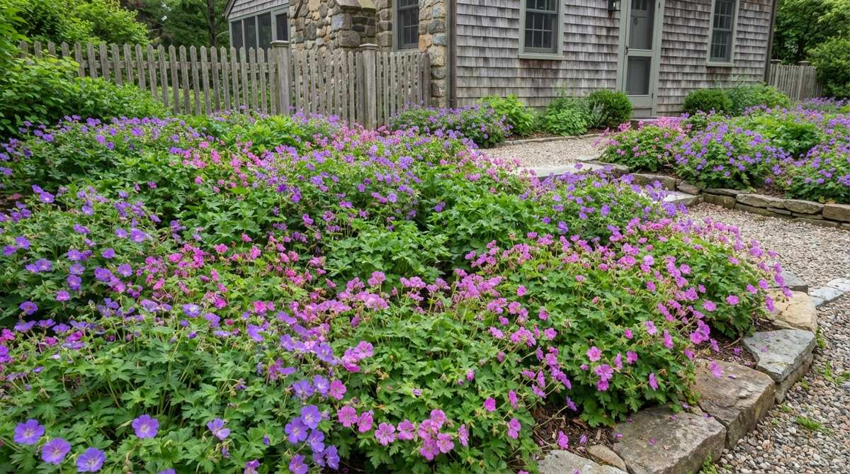 A dense carpet of hardy geraniums with purple and pink blooms forming continuous ground cover in a small garden cottage setting. The plants are spaced closely at 10 inches apart to create a lush, textured effect with attractive divided foliage visible between flower clusters.