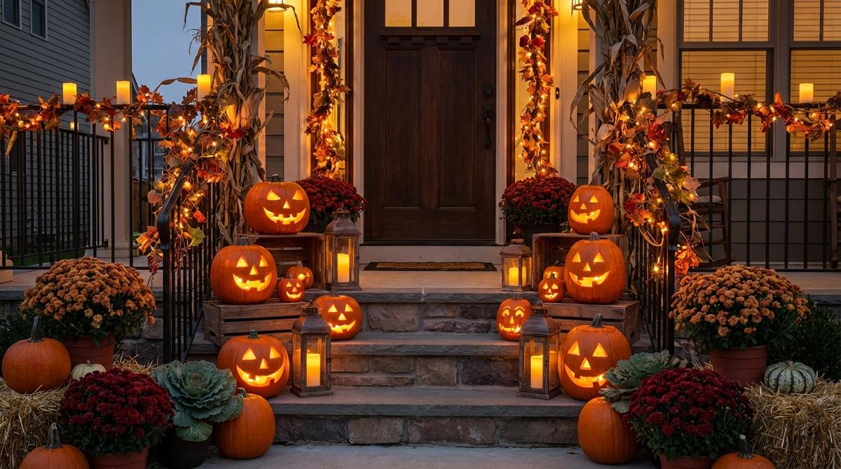 A spooky Halloween front porch scene featuring layered stacks of mismatched jack-o'-lanterns, lanterns, and trailing vines glowing against dark railings and door. The display uses height variations and repetition to create a theatrical entryway effect, with battery-operated LED candles providing depth lighting and fall plants like mums softening the edges.