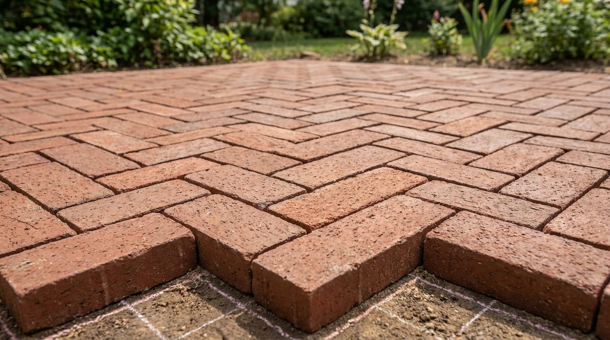 A close-up view of a herringbone brick pattern installed at a 45-degree angle in a garden setting. The interlocking V-shaped arrangement creates a visually dynamic diagonal zigzag that provides exceptional structural strength for paths and patios. Bricks are precisely aligned with chalk lines, demonstrating how each unit locks against two neighbors to prevent lateral movement under heavy use.