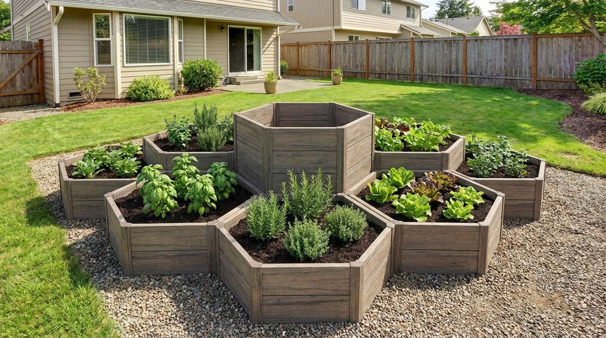A modern hexagonal garden bed system with six-sided beds radiating from a central point in a honeycomb pattern, maximizing edge space for planting. Each hexagon measures 110cm across, allowing accessible reach from all angles. Modular panels can be assembled without tools and stacked in 25cm increments to preferred working heights, eliminating unused corner spaces. Ideal for herb gardens and salad greens, offering 350-degree access for frequent harvesting.