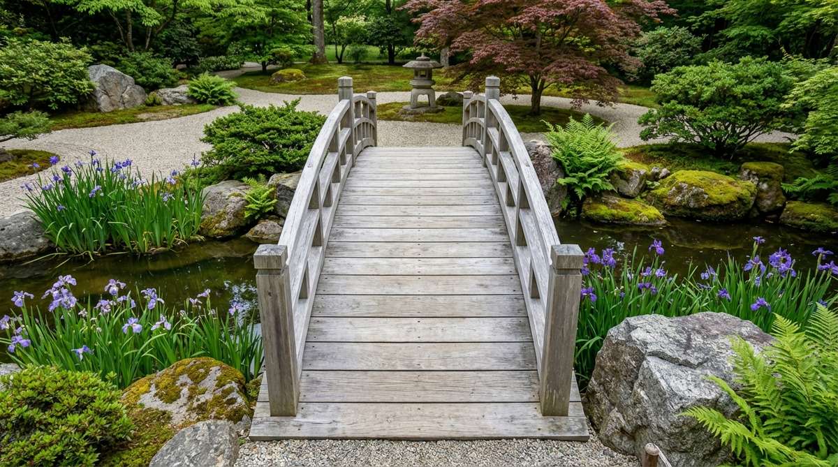 A steeply arched cedar bridge with double railings, weathered to a silver-gray patina, rising over a koi pond or iris bed in a zen garden. The bridge creates a strong vertical accent and provides unobstructed views, aligning with distant focal points like stone lanterns or specimen trees for intentional sightlines.