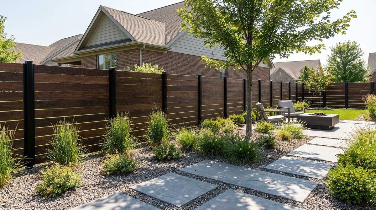 A modern garden fence featuring horizontal cedar planks stained in walnut or charcoal tones, mounted on black powder-coated steel posts. The design creates high contrast with clean lines, suitable for contemporary landscaping with concrete pavers and ornamental grasses.