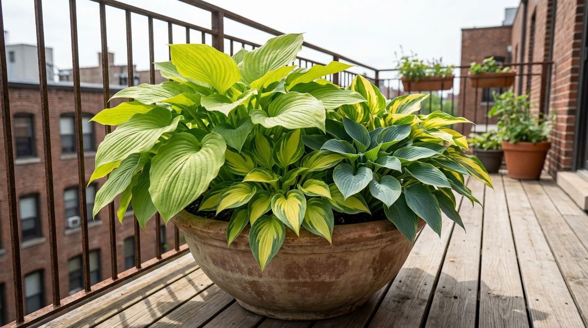 A collection of variegated hosta plants in a wide ceramic bowl on an urban balcony, showcasing gold, blue-green, and chartreuse foliage that creates layered texture. The thick leaves withstand wind while providing shade-tolerant beauty from spring through frost, with slug-resistant varieties like 'Sum and Substance' offering durability.