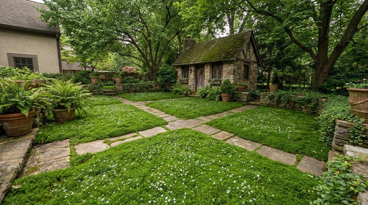 A fairy garden courtyard featuring Irish moss as an emerald-green ground cover with tiny white spring blooms, surrounding a miniature cottage structure in partial shade, trimmed to maintain clean pathways and soften transitions between vertical elements.