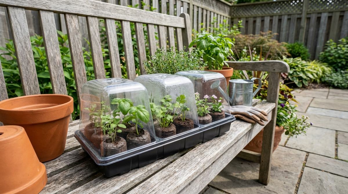 A Jiffy Windowsill Greenhouse 12-Pellet Kit featuring biodegradable peat pellets that expand when moistened, a watertight base tray measuring 11 inches by 5 inches, and clear humidity domes for optimal germination of herbs, flowers, and compact vegetables.
