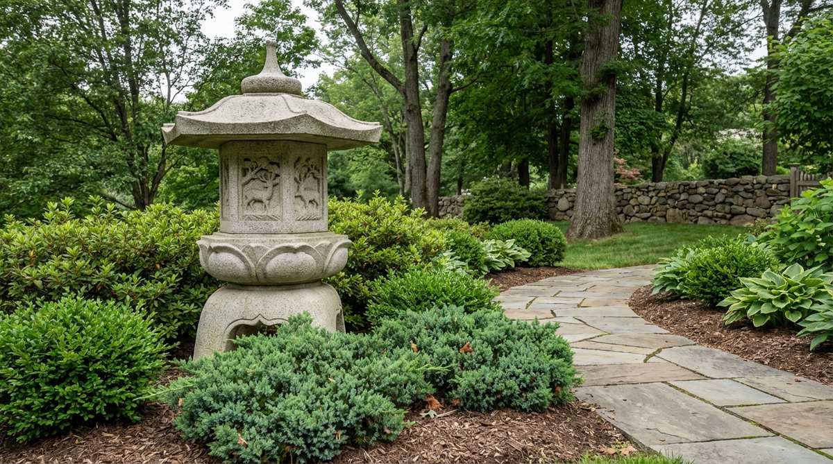 A traditional Japanese stone garden lantern featuring a hexagonal or octagonal pagoda-style roof with intricate deer carvings on the side panels. This 4-6 feet tall Kasuga lantern stands on a lotus flower platform, positioned at a garden entrance or temple path. Surrounded by low evergreen shrubs like azaleas, the lantern showcases ornamental complexity suitable for formal garden settings, referencing the sacred messengers of Kasuga Shrine in Nara.