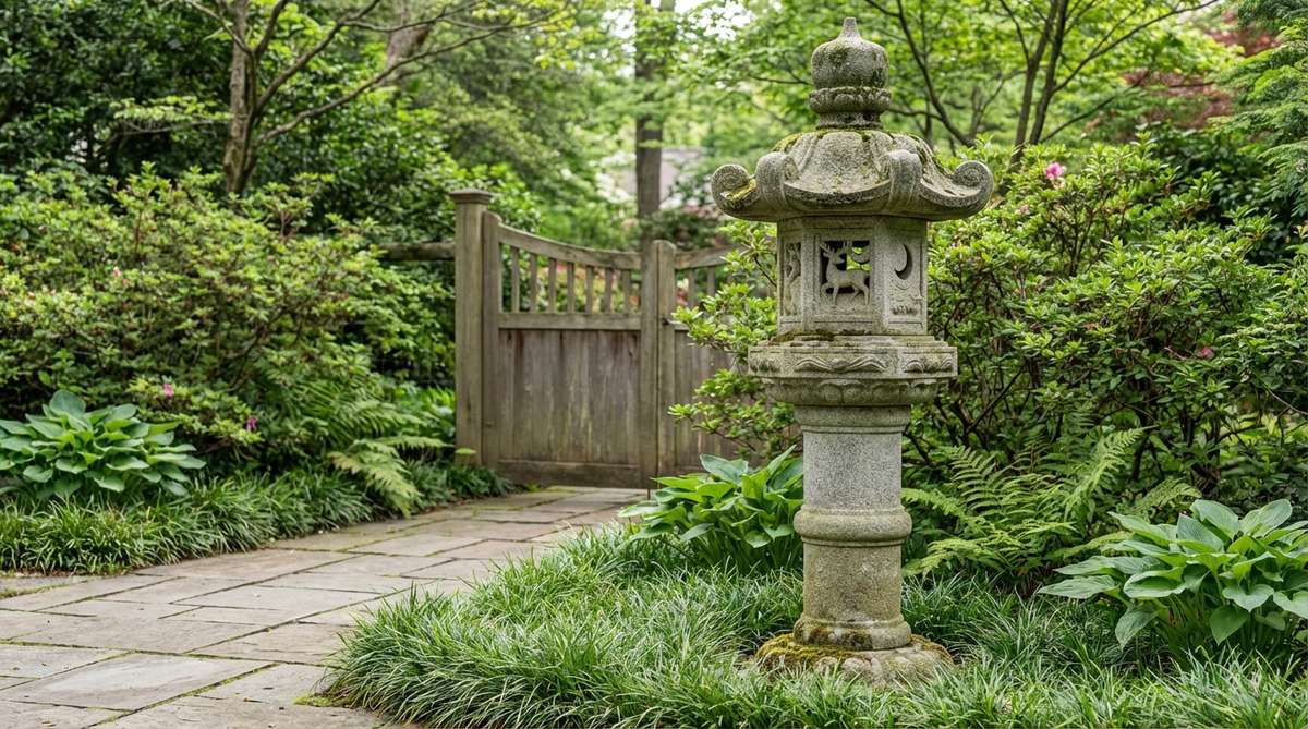 A tall hexagonal Japanese garden lantern from Kasuga Taisha Shrine in Nara, featuring upward-curled sides and carved patterns of deer, moon crescents, or sun motifs on its fire chamber. Made of granite that weathers to soft gray tones, this slender lantern reaches over two meters in height and is typically placed near secondary gates or along formal approach paths in gardens.