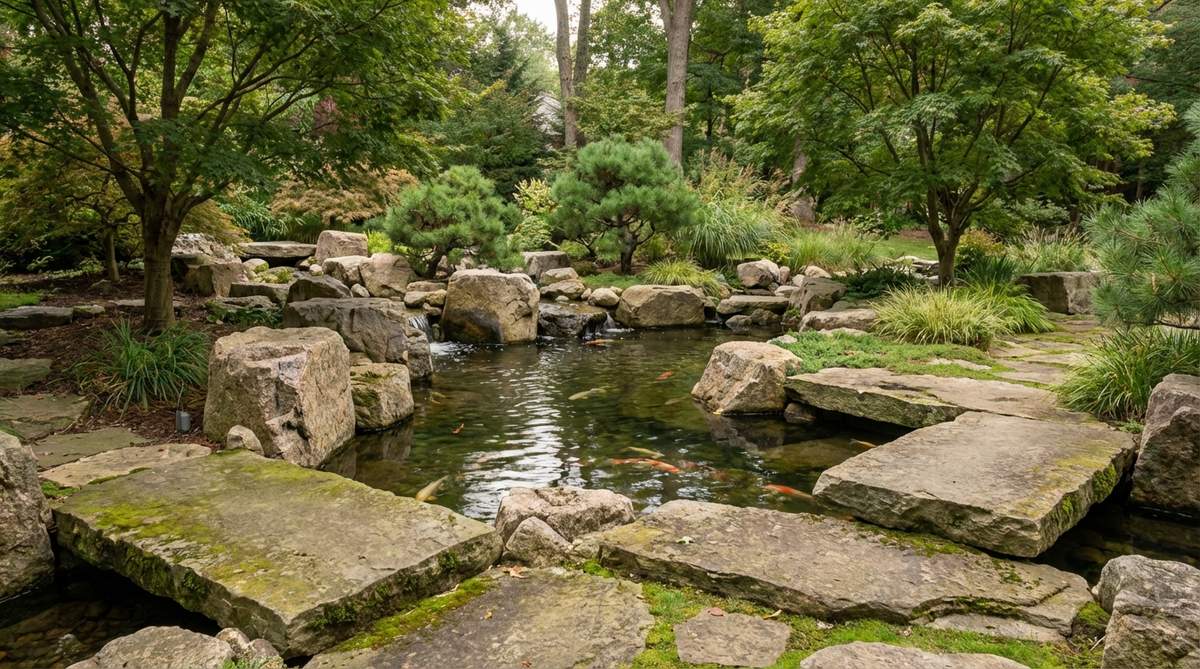 A Japanese garden pond with a kidney-shaped design, featuring large natural boulders arranged along the perimeter to create organic curves that mimic mountain stream formations. Flat stones are positioned at varying heights to establish visual depth and provide shaded areas for koi fish. The boulder groupings follow the principle of odd numbers for a natural appearance, supporting water circulation and multiple viewing perspectives in the garden.