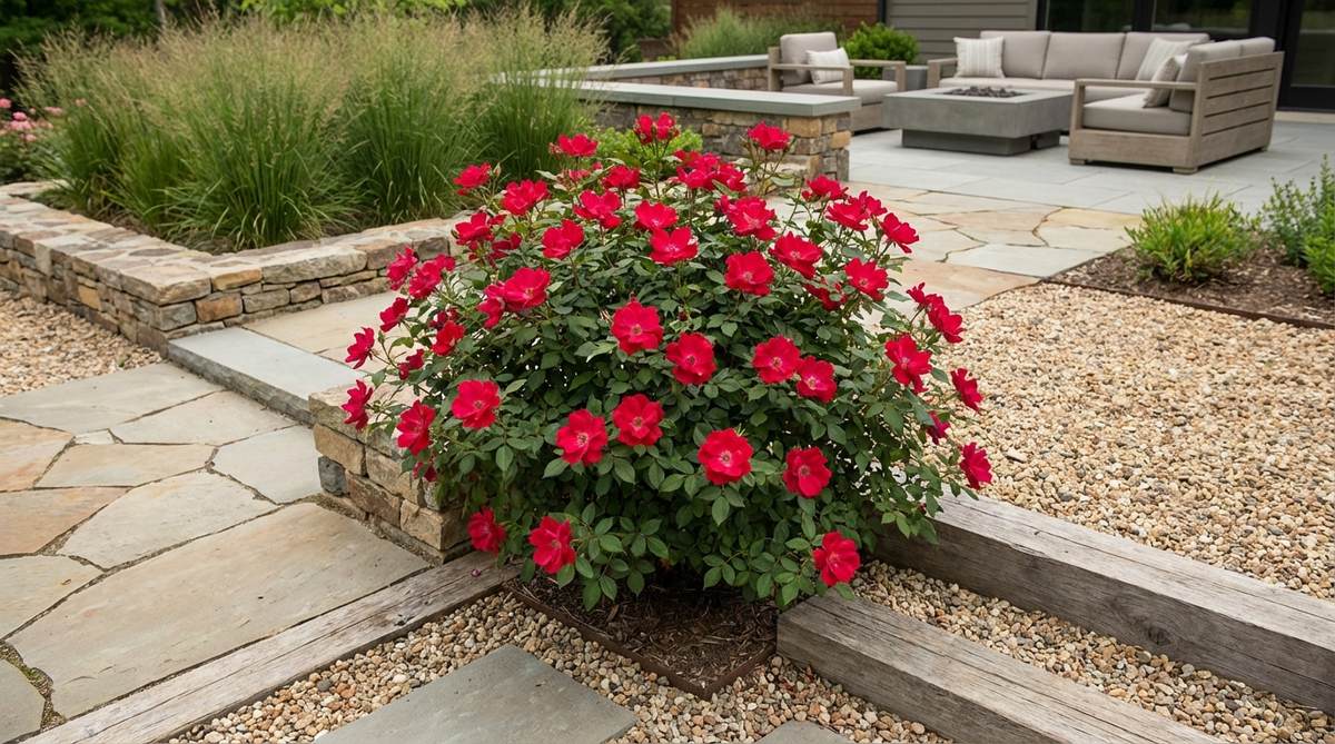 A vibrant cherry-red Knock Out rose shrub with single blooms, showcasing its disease-resistant foliage and rounded growth habit in a contemporary garden setting.
