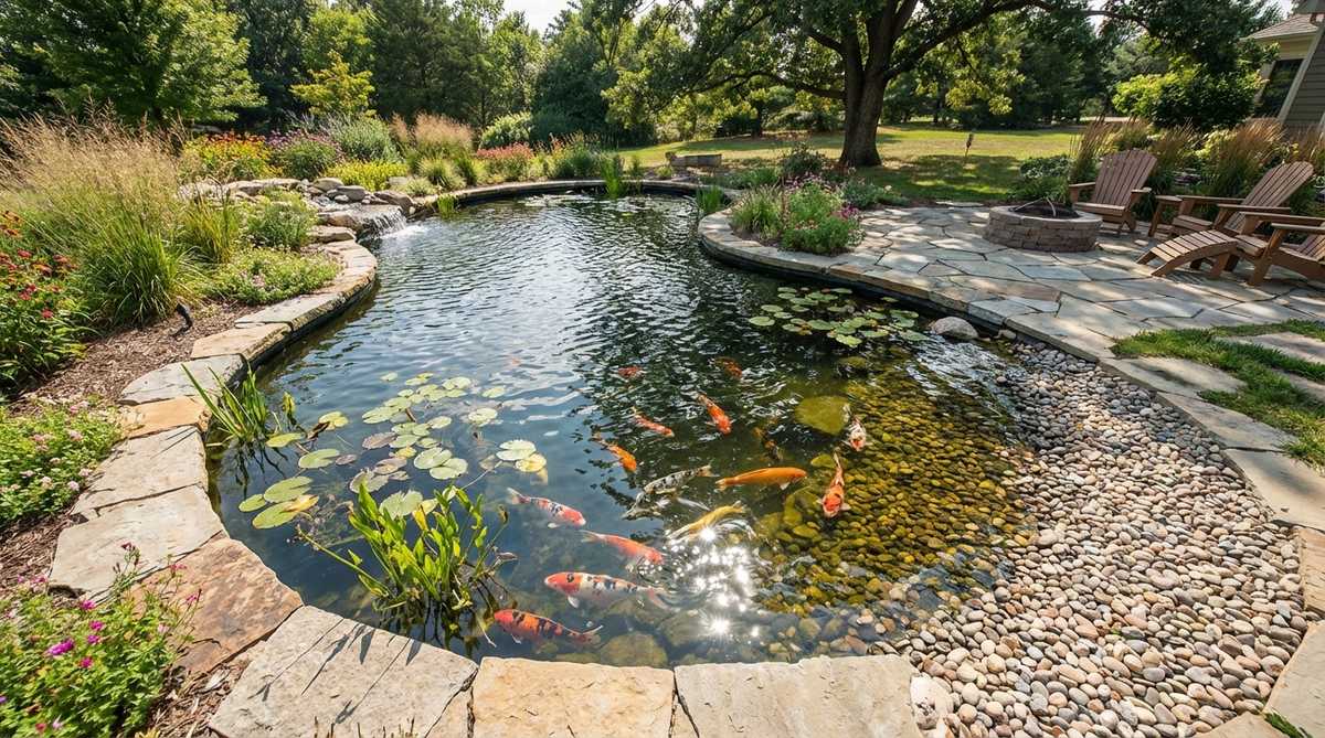 An asymmetrical koi pond with curved edges, featuring colorful koi fish in orange, white, and black patterns symbolizing perseverance and good fortune. Natural stones and aquatic plants like water lilies are integrated, with shallow pebble beaches for the fish. The design creates dynamic visual interest with ripples catching sunlight throughout the day.