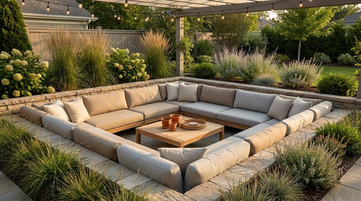 An L-shaped outdoor sectional positioned in a garden corner to create a conversation pit, with a low-profile coffee table in front, featuring weather-resistant cushions in neutral tones for a clean and spacious feel.
