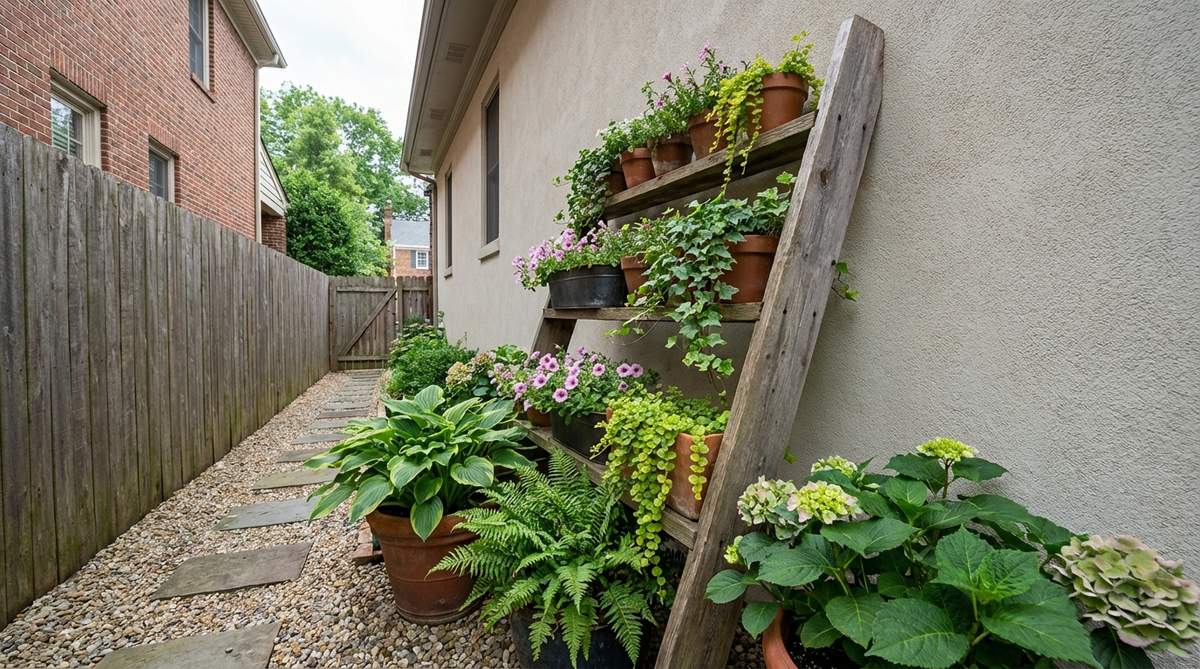 A narrow ladder frame leaning against a wall in a small garden space, with multiple tiers of container plants arranged in descending size from bottom to top. Larger plants at the base anchor the composition, while trailing varieties at the upper levels soften the silhouette, ideal for side yards under four feet wide.