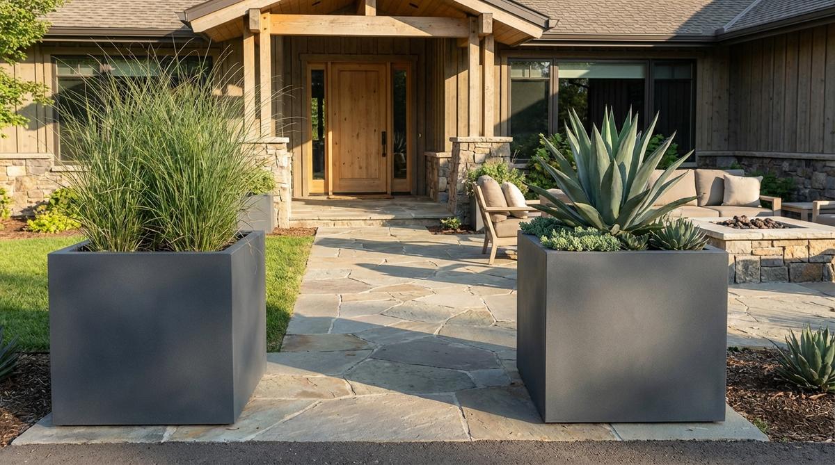 Modern square fiberglass planters in matte black or charcoal grey, featuring geometric cube shapes with smooth surfaces and sharp edges. Perfect for framing entryways and patios, these weather-resistant planters create dramatic silhouettes when paired with ornamental grasses, agave, or architectural succulents in outdoor decor settings.