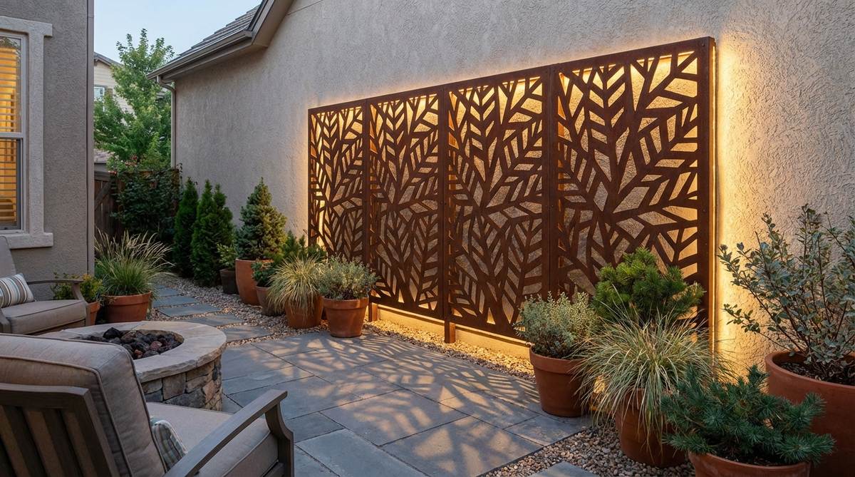 A modern laser-cut metal privacy screen with decorative patterns installed in a small garden courtyard. The rust-resistant steel panel casts intricate shadows on the courtyard surface while providing privacy without complete enclosure. The screen is mounted several inches from the wall with subtle backlighting to highlight the metalwork details during evening hours.