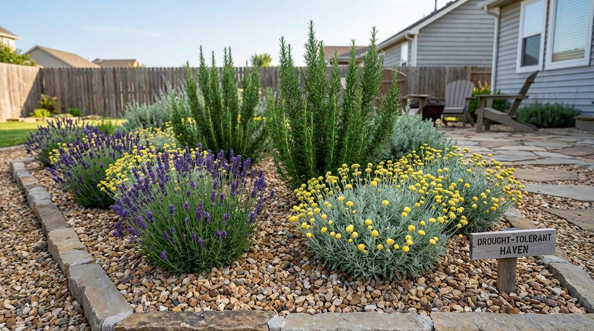 A vibrant gravel garden bed featuring a trio of drought-tolerant plants: English lavender with purple blooms, cotton lavender with yellow flowers and gray foliage, and upright rosemary adding height. Arranged in triangular clusters, these plants thrive in full sun with minimal watering, showcasing sequential blooms from late spring through summer.