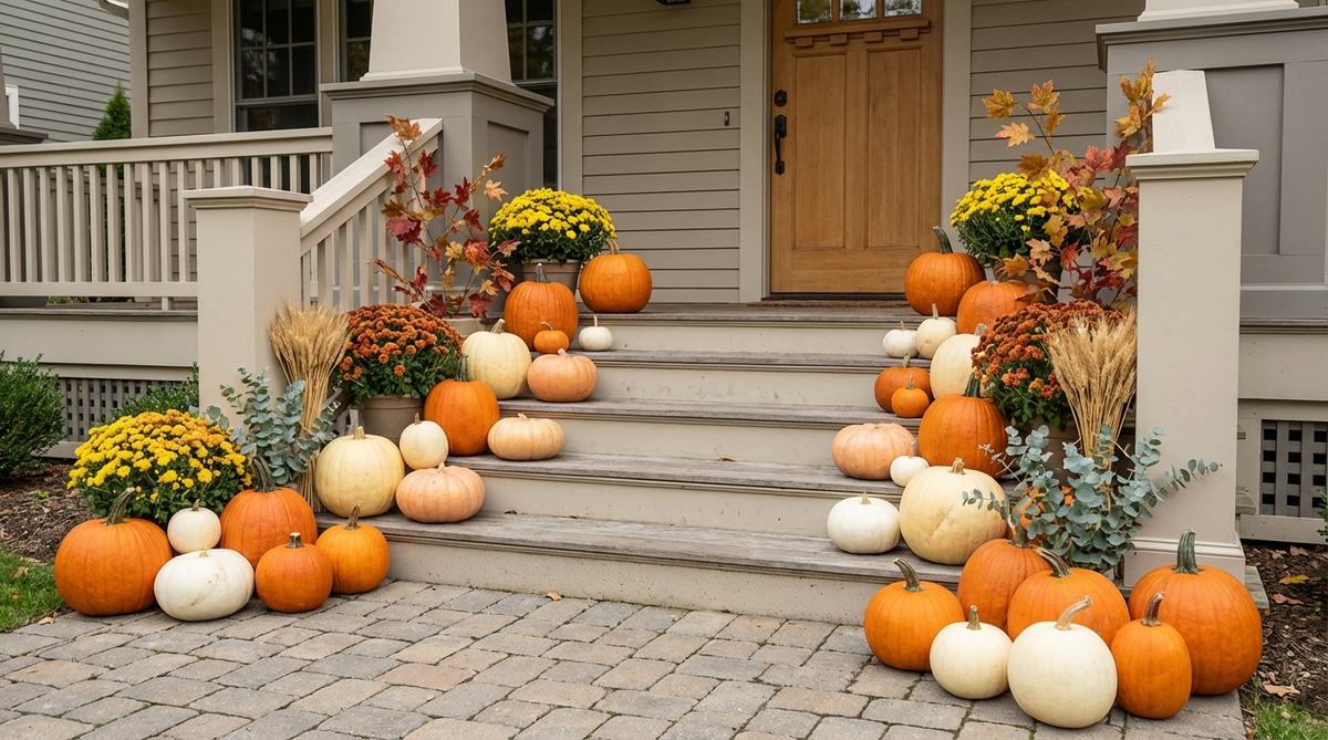 A cascading display of graduated pumpkins in orange, white, and cream arranged on porch steps, interspersed with small mums, dried wheat, eucalyptus, and maple branches to create a natural fall entrance decor.