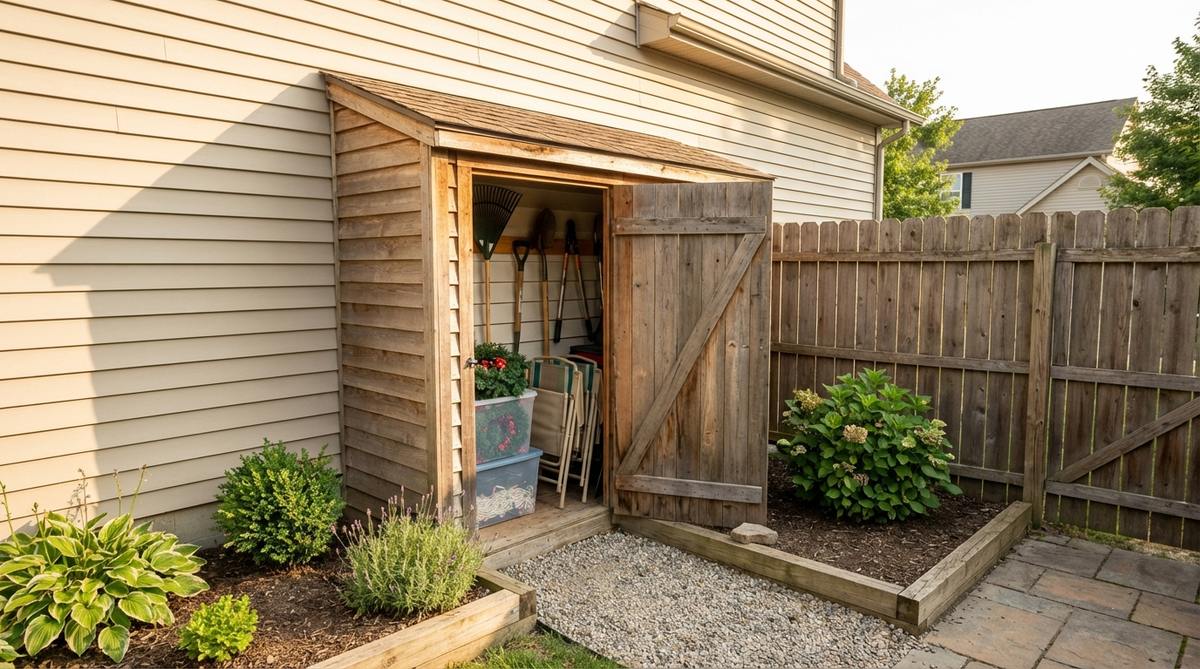 A lean-to storage shed attached to a house wall, featuring a sloped single roof for efficient water drainage and a narrow profile ideal for urban patios or townhouse yards. The shed is shown in a small garden setting, with dimensions of approximately 4x3 feet, storing garden tools, folding chairs, and seasonal decor. The door is positioned for easy access without obstructing pathways or windows, highlighting its suitability for renters or homeowners seeking storage without permanent structures.