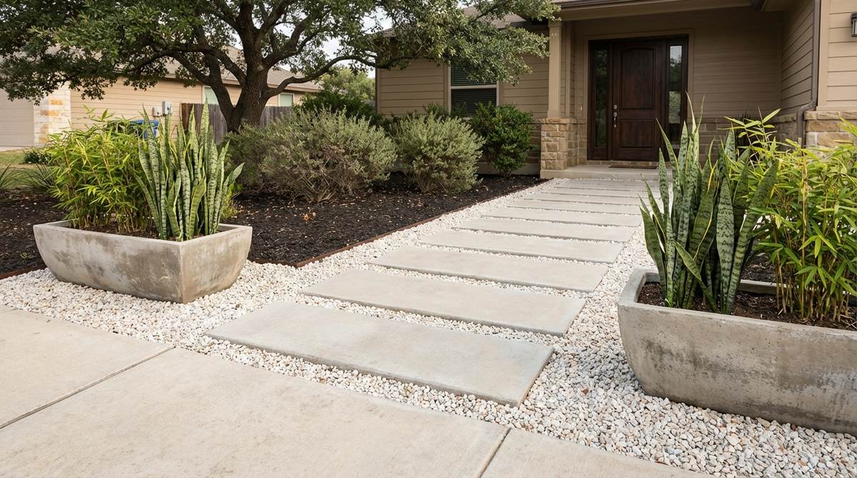 A modern front yard garden featuring rectangular concrete stepping stones arranged in a linear pattern across white gravel, creating a meditative pathway from sidewalk to front door. Tall snake plants and dwarf bamboo in flanking planters provide vertical contrast to the horizontal stone flow, emphasizing negative space and intentional design with minimal maintenance requirements.