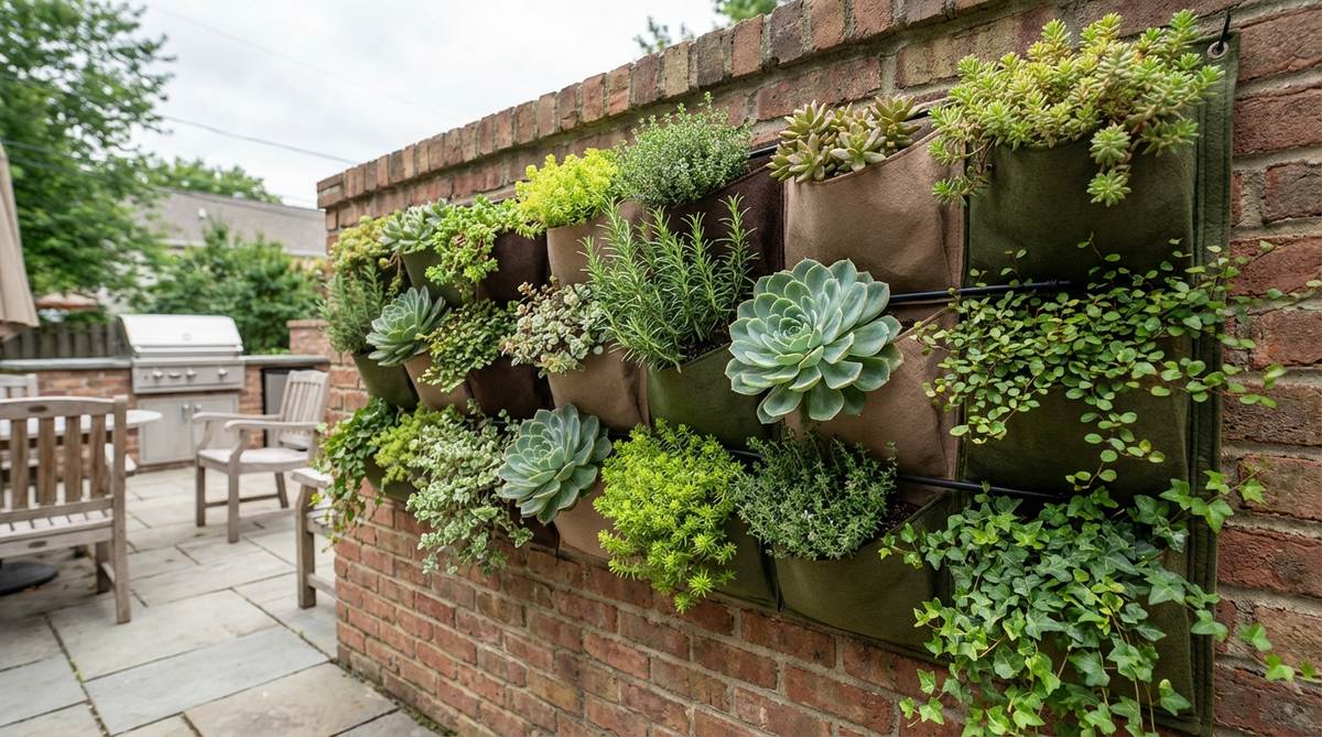 A vertical garden installation featuring modular felt pockets or rigid plastic grids mounted on a terrace wall, showcasing lush arrangements of herbs, succulents, and trailing plants. Integrated drip lines automate watering, with the system positioned on a north-facing wall to optimize plant health. This living wall provides insulation and transforms masonry into a vibrant, low-maintenance focal point using drought-tolerant varieties like sedum or echeveria.