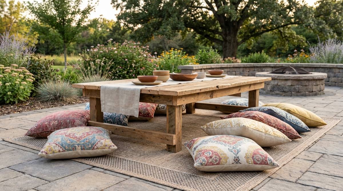 A rustic low wooden picnic table set at 12-18 inches height, featuring unfinished or lightly stained wood with visible grain patterns. The table is surrounded by colorful cushions and pillows, creating an intimate dining experience perfect for bohemian garden parties. Natural imperfections in the reclaimed lumber add authentic character to the relaxed, conversational seating arrangement.