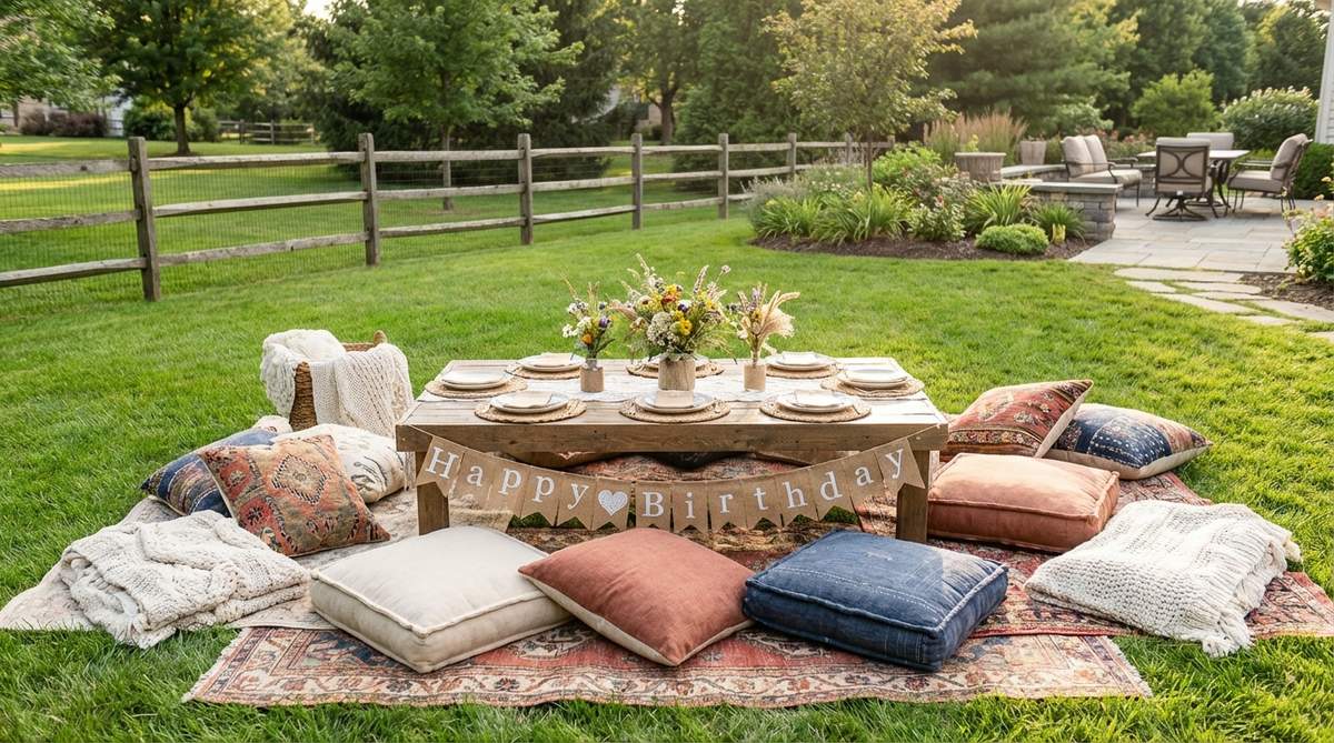 A boho-style birthday picnic setup featuring a low wooden table on a lawn, surrounded by layered rugs, floor cushions, mismatched pillows in various patterns, and vintage blankets for comfort. This farmhouse-inspired arrangement brings guests closer to the ground with unobstructed garden views, creating an Instagram-worthy focal point for celebrations.