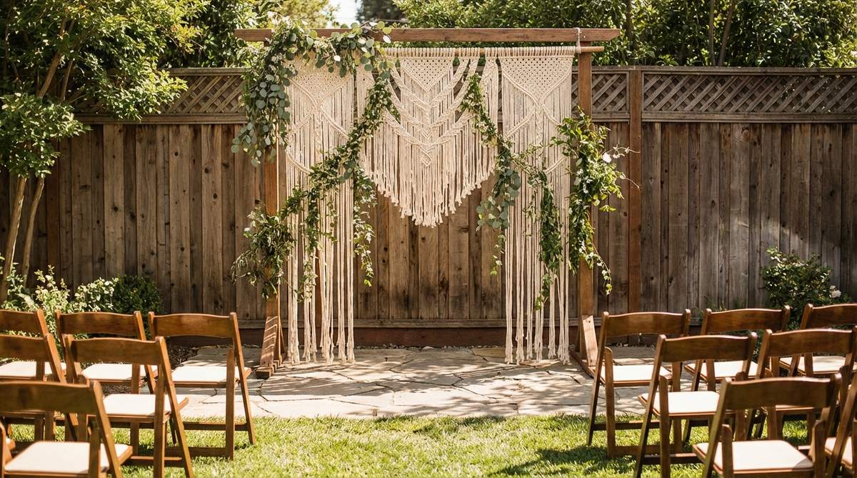 A large-scale macrame tapestry backdrop with cascading greenery for boho wedding ceremonies. The intricate knotwork creates texture while eucalyptus, jasmine vine, or smilax drape through openings to soften the geometry. Perfect for outdoor ceremonies where natural light enhances the shadow play of knots and leaves.