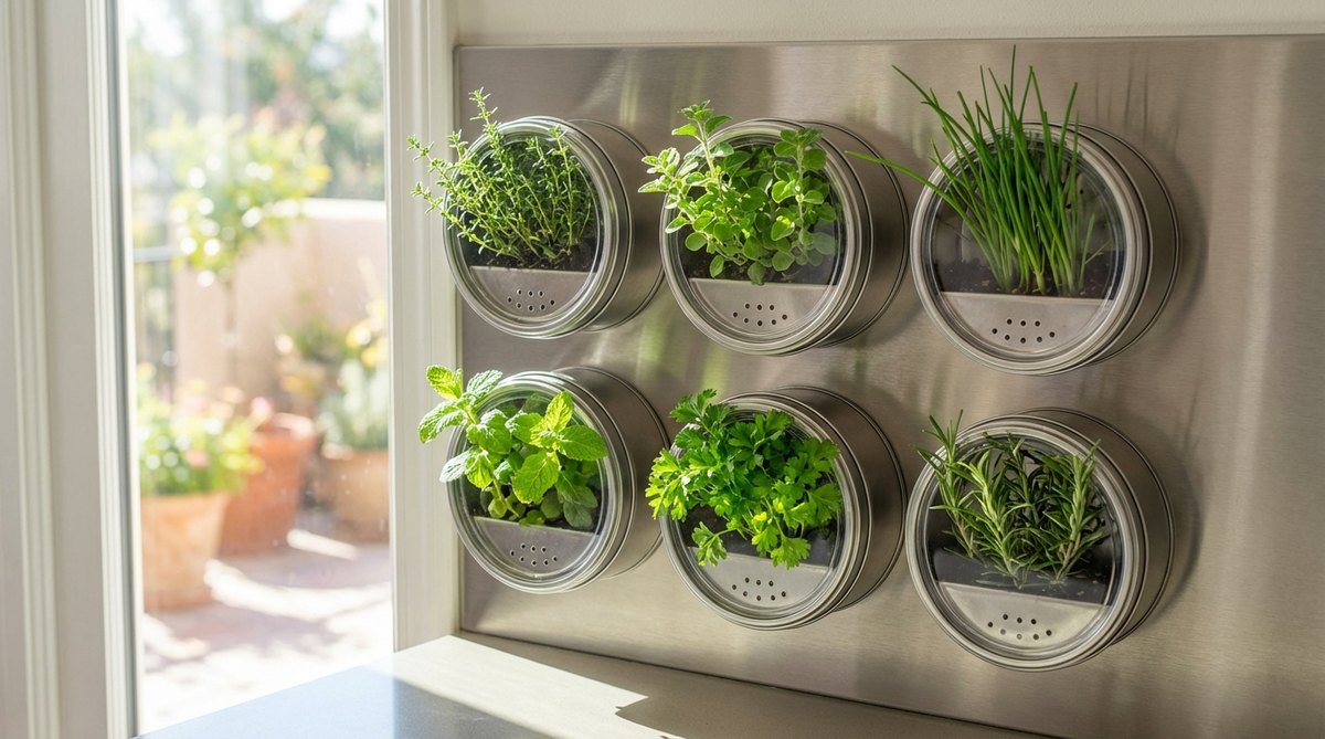 A compact and stylish magnetic spice tin herb rack, perfect for creating a mini herb garden on your fridge or steel backsplash. This setup features clear-lidded tins with drainage holes, filled with low-growing herbs like thyme, oregano, and chives, arranged to optimize light and space. Ideal for small kitchens, it encourages frequent use and seasonal rotation of herbs, enhancing both flavor and decor.