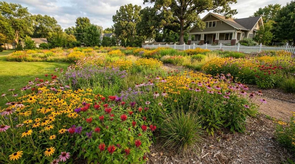 A natural meadow garden with drifts of native wildflowers including black-eyed Susan, purple coneflower, and bee balm creating shifting color waves. Mass plantings mimic prairie ecosystems while supporting pollinators, with informal aesthetic suitable for rural properties and suburban yards transitioning from traditional lawns.