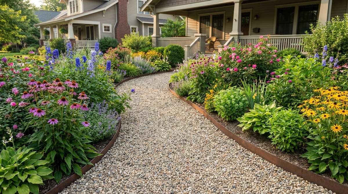 A curved pea gravel pathway winds through lush cottage garden planting beds, bordered by metal edging. The neutral-toned gravel complements colorful perennials and flowering plants while providing drainage and a pleasant crunching sound underfoot.