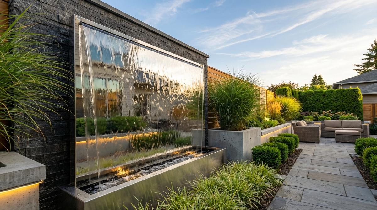 A contemporary garden fountain featuring a mirror-polished stainless steel panel with water cascading across its surface, creating stunning reflections of the surrounding landscape and sky. Ideal as a garden backdrop or courtyard centerpiece, it pairs well with architectural plantings and LED lighting for nighttime illumination.