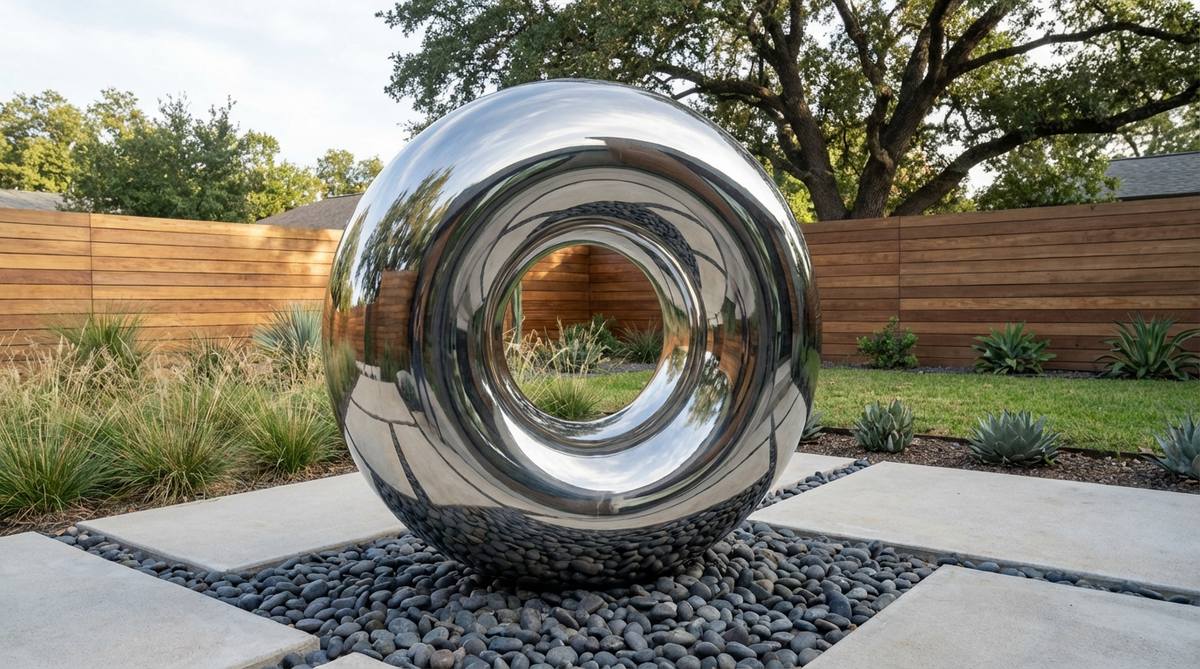 A contemporary stainless steel torus sphere sculpture with a mirror-polished finish, reflecting garden elements and creating kaleidoscopic effects in minimalist landscapes.