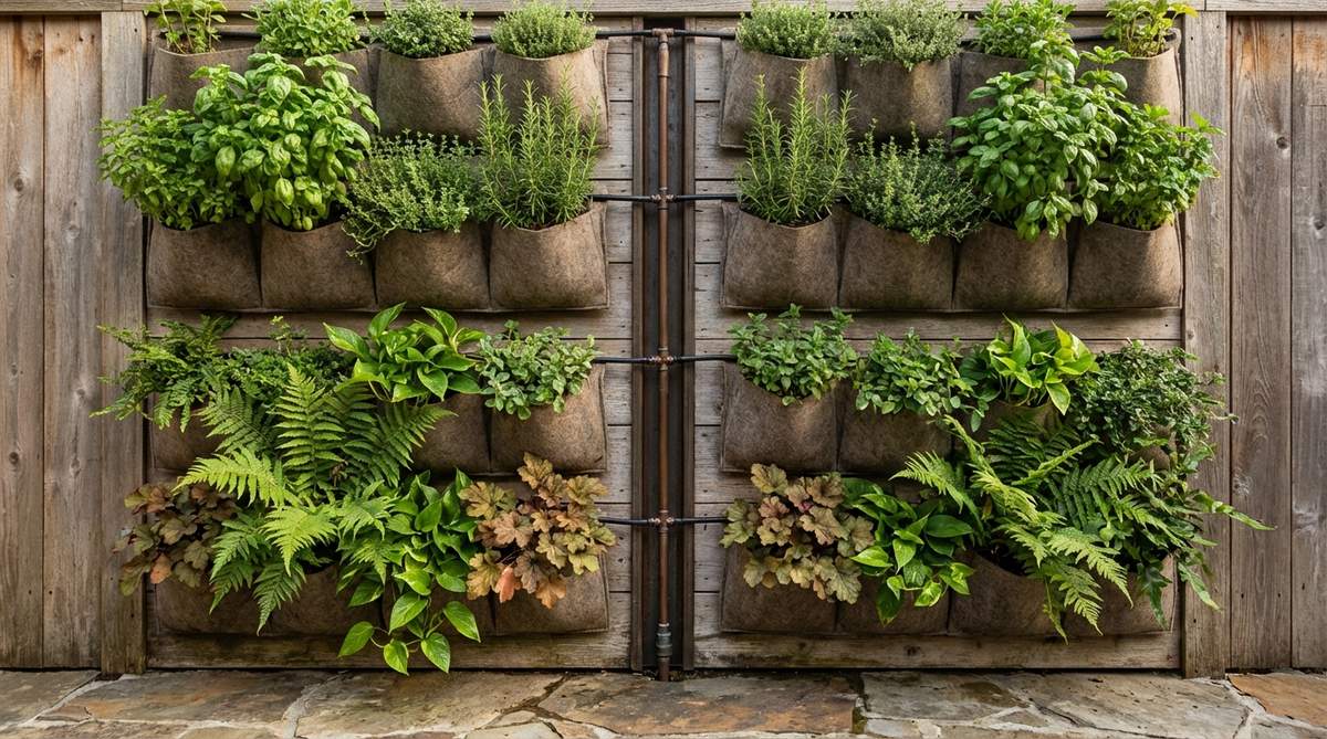 A vertical garden system featuring fabric or felt pocket planters attached to a wall, showing herbs like basil and thyme in upper pockets and shade-tolerant ferns and pothos in lower pockets, with a central irrigation channel for even water distribution.