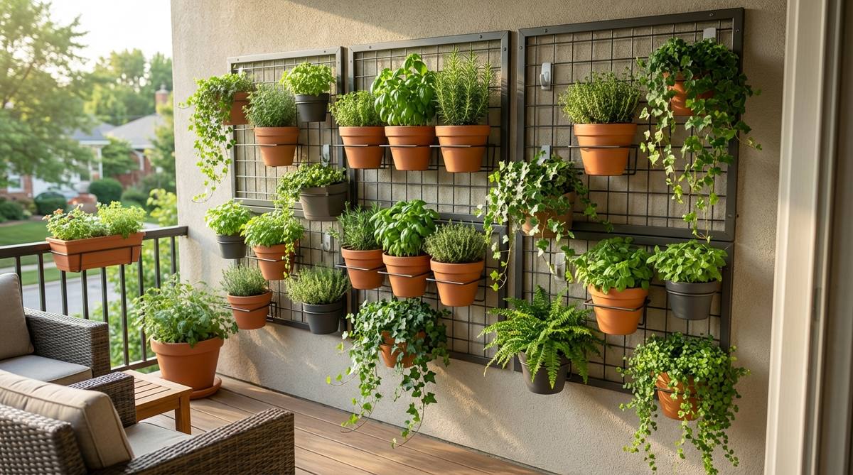 A modular wall grid system mounted on a balcony wall, featuring rectangular grid panels with interchangeable pot holders arranged in a geometric pattern. Herbs and trailing plants cascade at varying heights, creating visual rhythm. The system is installed using removable adhesive hooks, positioned to receive morning sun, with pots spaced eight inches apart to allow for mature plant growth without crowding, keeping floor space open.