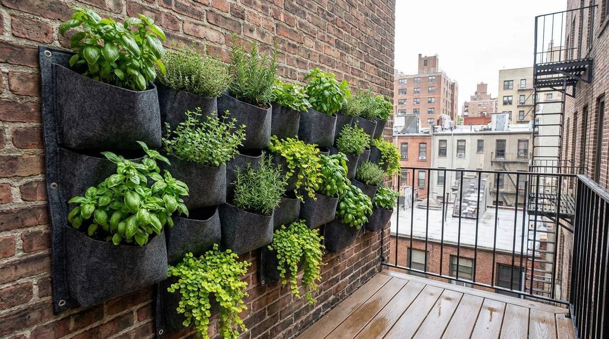 A vertical garden setup featuring modular felt or canvas pocket planters mounted on an exterior wall, showcasing herbs like basil and thyme, with trailing flowers such as creeping jenny, arranged in staggered rows to optimize water drainage and air circulation in a New York City balcony setting.