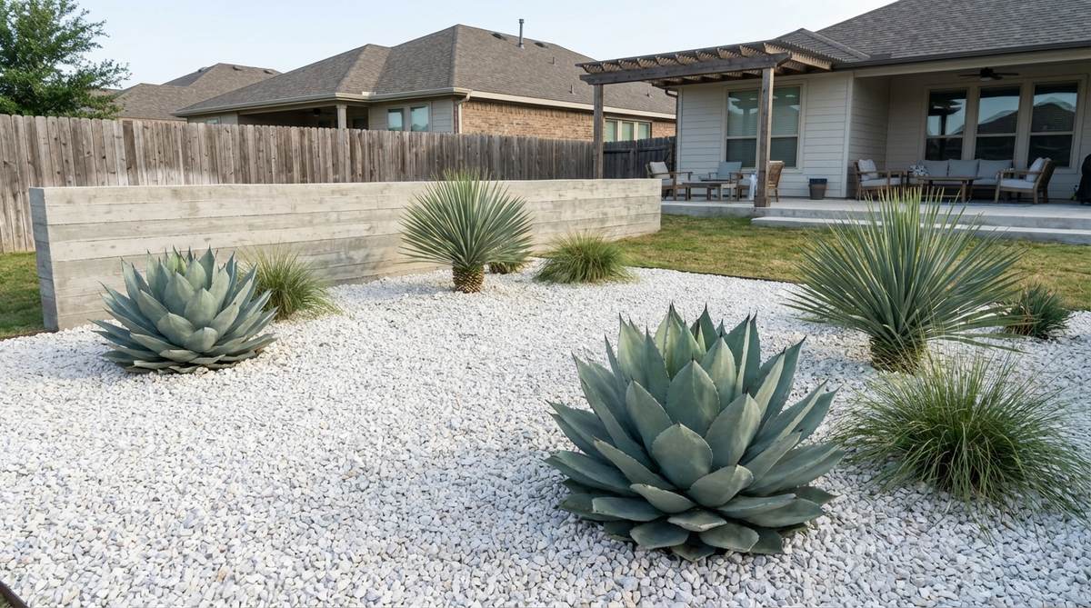 A minimalist gravel garden design featuring crushed white limestone or marble chips creating a luminous surface that reflects light. Three to five sculptural specimen plants like agave, yucca, or ornamental grasses are positioned at asymmetric intervals 4-6 feet apart, emphasizing their silhouettes against the bright white gravel backdrop. The design demonstrates low-water landscaping with white gravel that stays cooler than darker materials, reducing heat stress on plant roots.