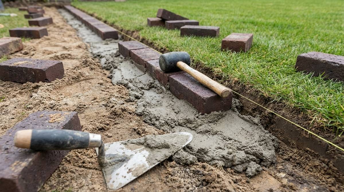 A close-up image showing the installation of a mortar-set flat brick border in a garden, with clay pavers being positioned horizontally along a prepared trench and bonded with a sand-cement mixture. The process includes spreading mortar in sections, pressing bricks firmly, and aligning them with a rubber mallet, resulting in a permanent edge that sits flush with the grass height for easy mowing.