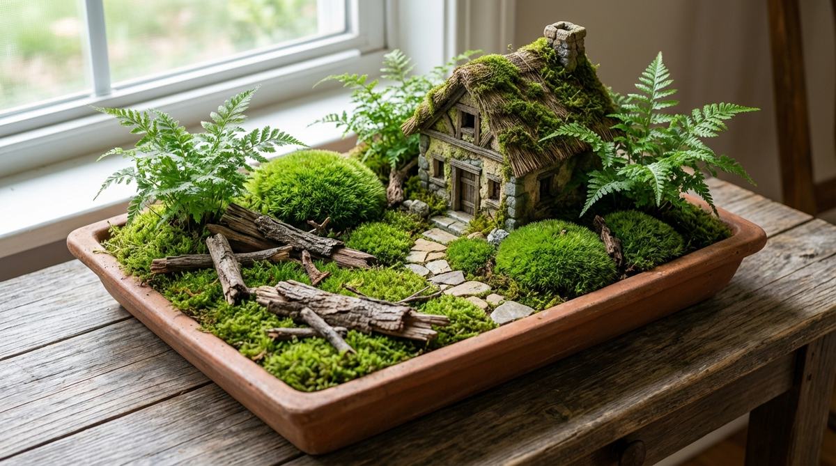A miniature garden scene featuring a moss-covered cottage surrounded by live cushion moss and tiny ferns, with a stone pathway leading to the door. The composition uses sheet moss as a base, includes fallen logs made from bark or twigs, and is designed for shallow containers with indirect light and weekly misting.