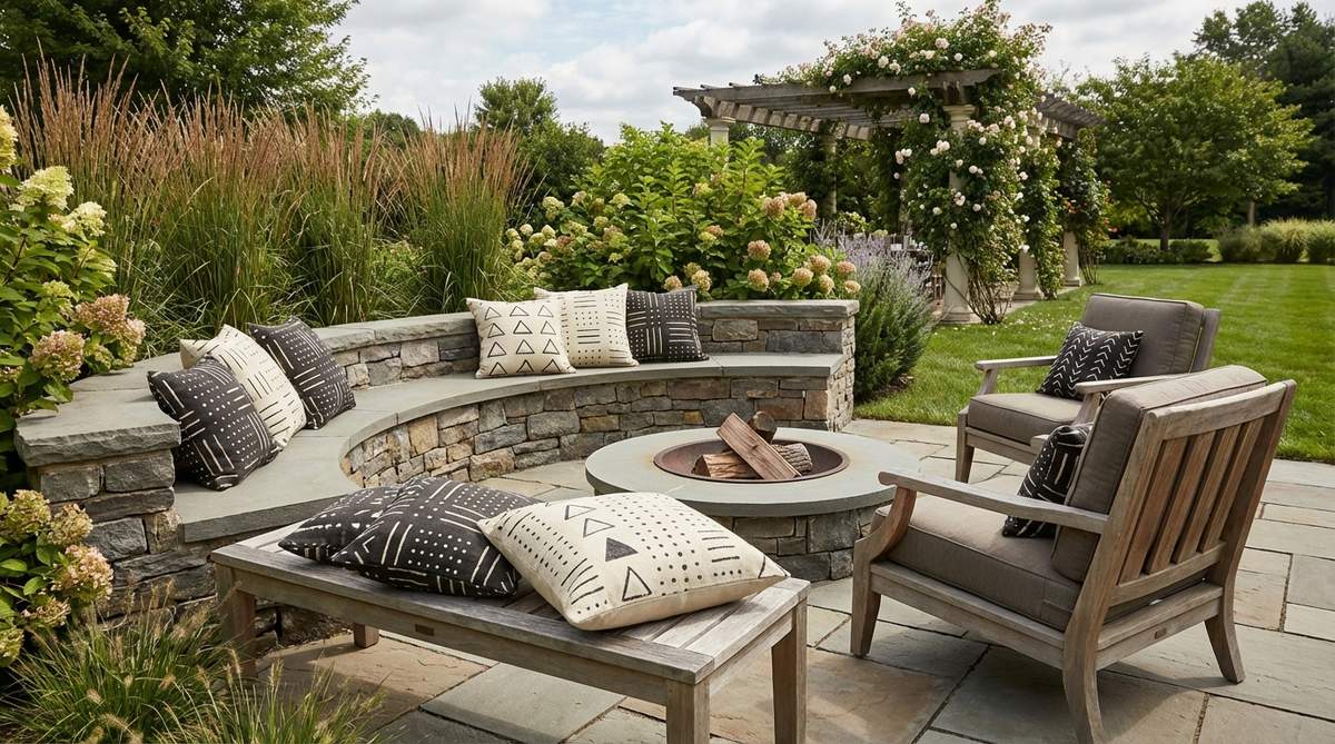 Hand-painted mudcloth cushion covers with geometric patterns in charcoal and cream, adding authentic West African artistry to outdoor seating areas.