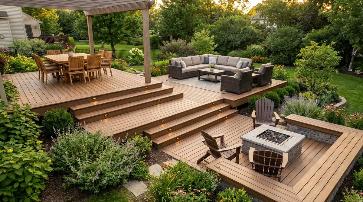 A multi-tiered deck with distinct zones for different outdoor activities. Upper level features a dining area, middle level has conversation seating, and lower level includes a fire feature. Wide steps between levels provide both access and informal seating options.