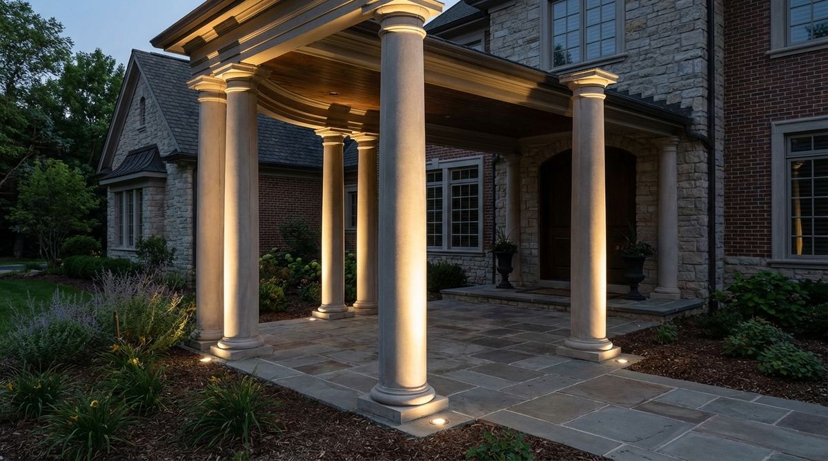 A modern garden lighting setup featuring narrow beam column uplights installed at the base of classical columns. The concentrated 10-15 degree beam traces the full height of the pillars, accentuating their roundness and creating strong vertical lines that emphasize architectural elements. The fixtures are positioned 4-6 inches from the column surface with precise angling to eliminate ground spill, resulting in clean illumination that adds grandeur to porticos and entryways while maintaining uncluttered ground planes during daylight hours.