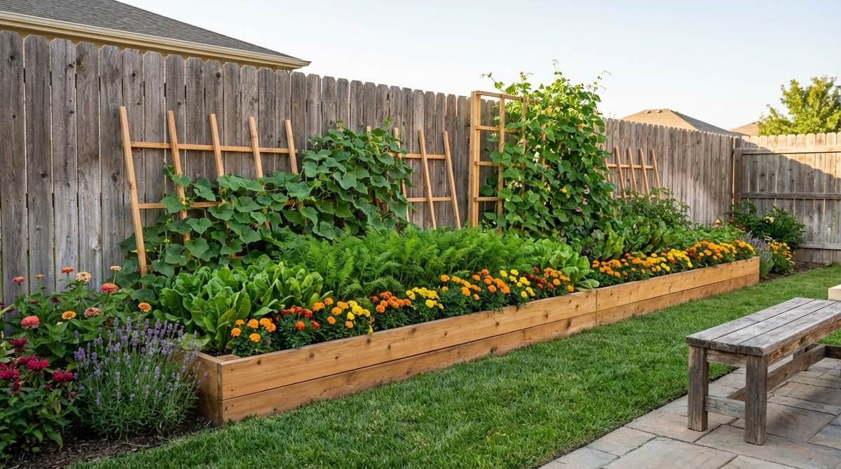 A long, slim cedar raised bed hugging a backyard fence, filled with lush greens, carrots, and marigolds in a neat strip, with climbers like cucumbers or pole beans trained up trellises and low flowers at the front to attract pollinators.