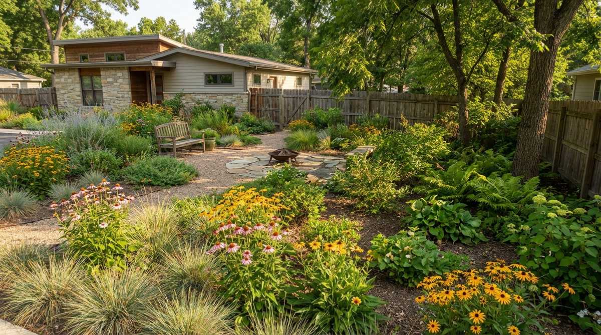 A vibrant contemporary garden showcasing native plant communities, featuring regional species adapted to local soil and rainfall patterns. The image illustrates low-maintenance plantings that support beneficial insects and pollinators, with groupings based on microclimate needs, such as woodland-edge species transitioning to full-sun meadow plantings, highlighting visual flow and ecological function.