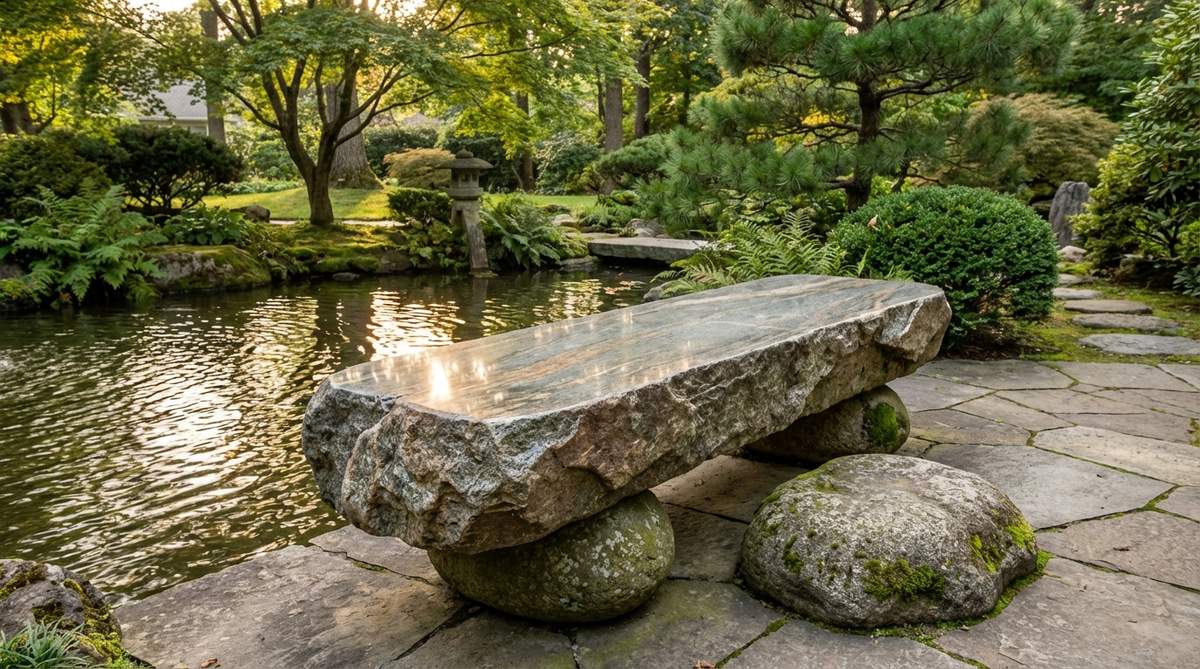 A traditional Japanese garden bench made from a water-worn boulder split lengthwise, featuring a polished top surface and rough natural edges. Supported by two rounded stones, it is positioned near a water feature to catch light reflections, weighing 180 kg for stability without anchoring.