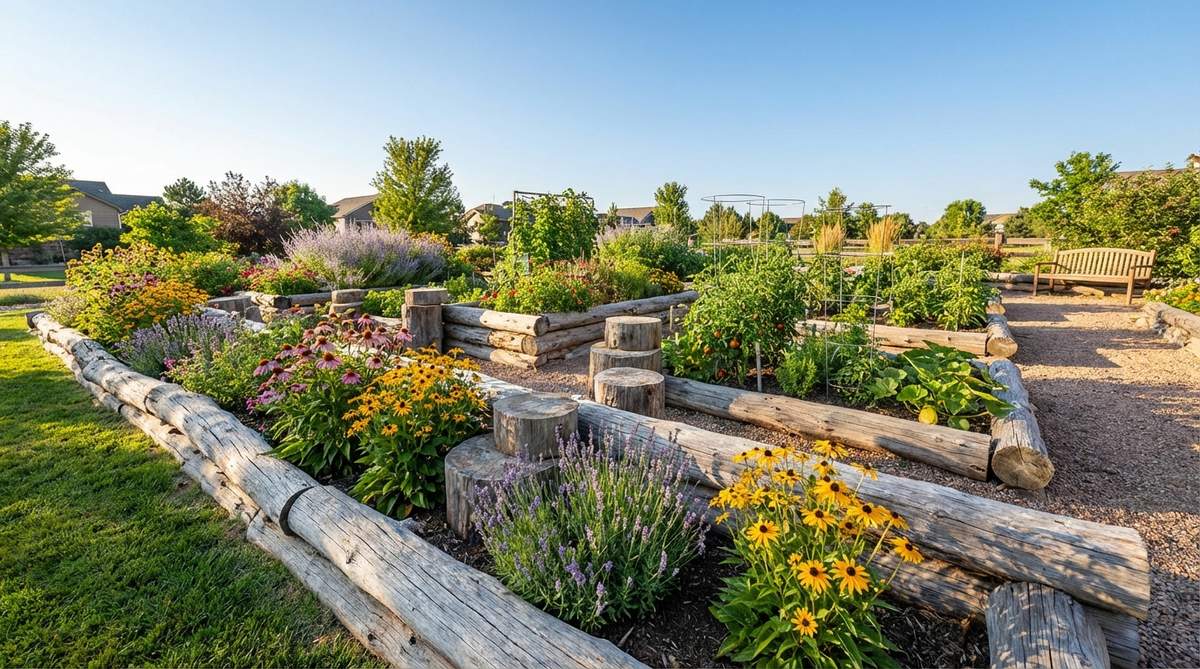 A rustic garden border created with natural logs of varying diameters, installed horizontally along landscape beds. The organic arrangement guides the eye through flower and vegetable gardens, with stacked logs creating dynamic height variations. The untreated timber shows natural silver-gray patina development from linseed oil treatment.
