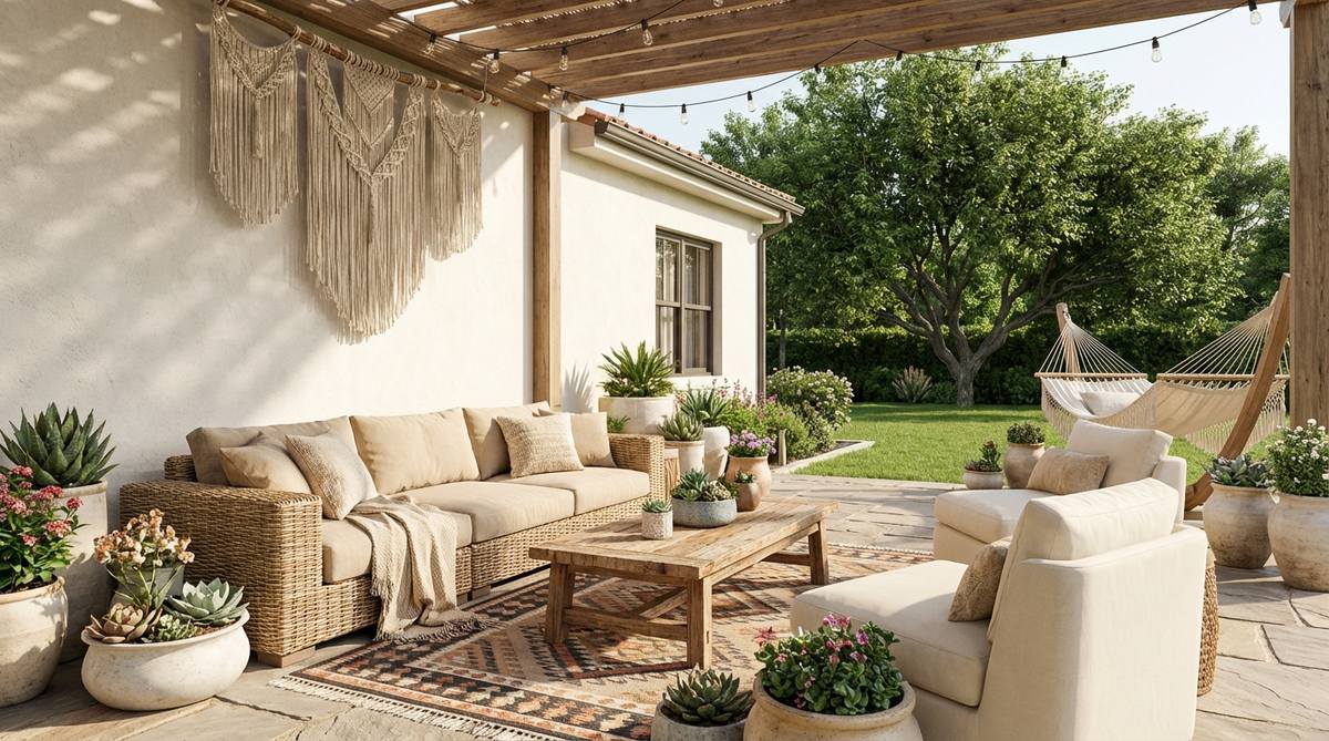 An image showing a boho decor style with a neutral base canvas using off-whites, muted greys, and sandy beiges on walls and large furniture pieces, creating a calming backdrop that allows for the introduction of multiple patterns without visual chaos.