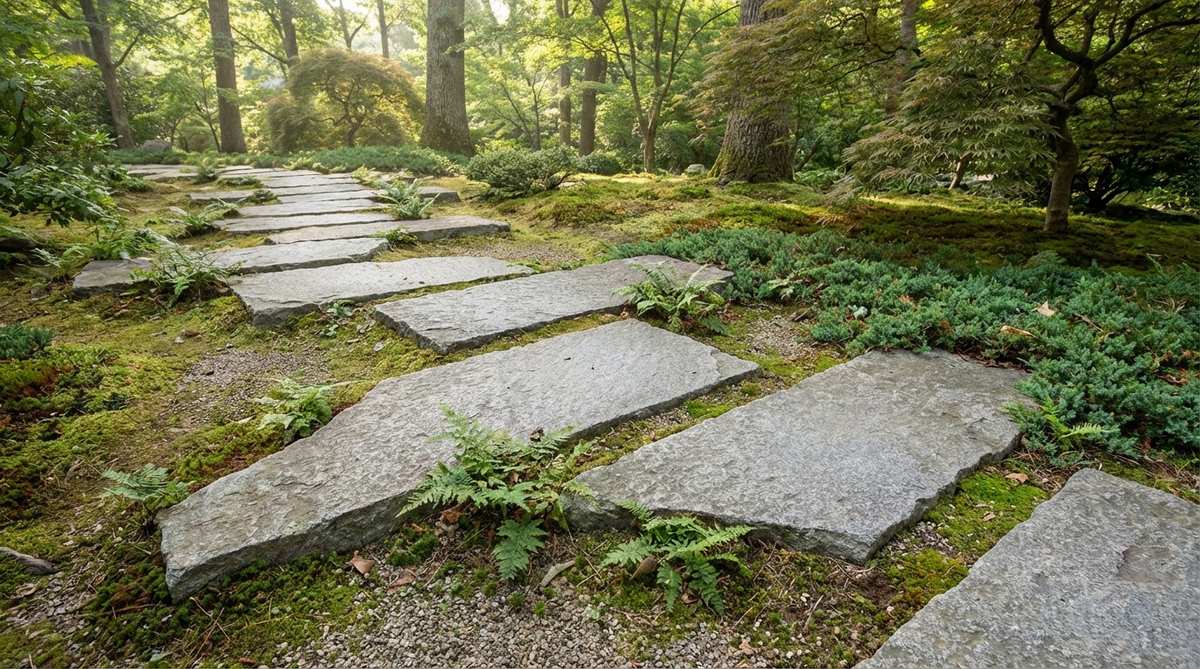 A close-up view of flat granite slabs arranged in a gentle diagonal pattern at a 30-degree angle across a Japanese garden, with each stone slightly rotated and irregularly spaced to slow the walker's pace. The stones are positioned 18-24 inches apart and buried one-third of their depth, creating a natural, contemplative path ideal for tea gardens.