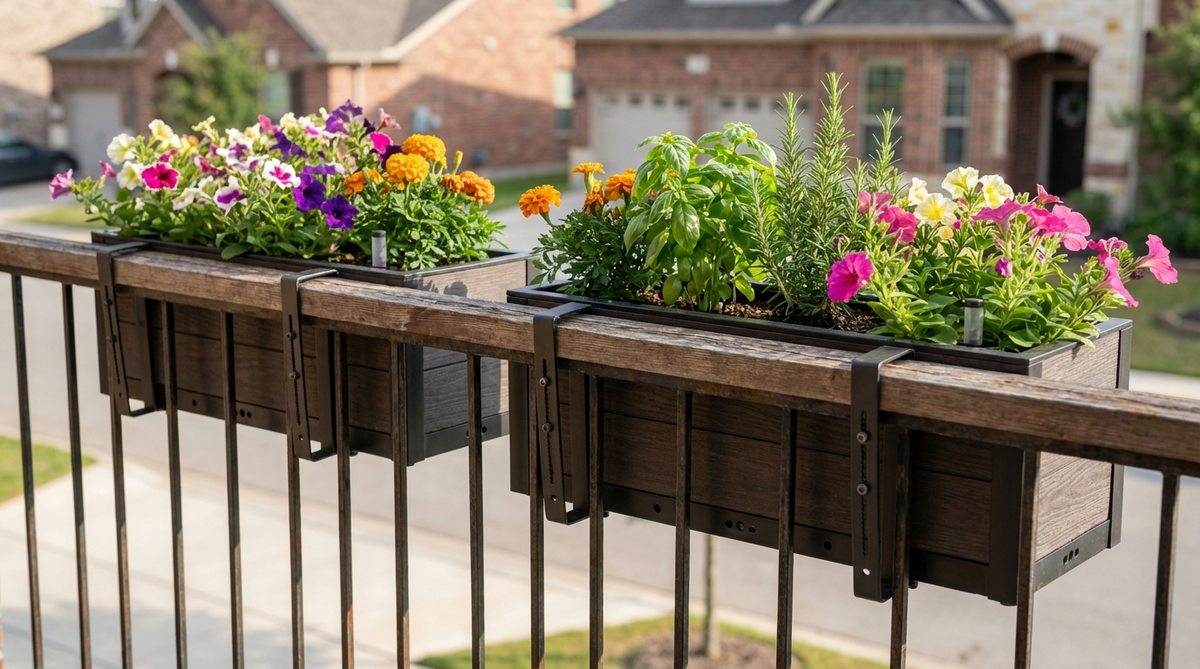 A close-up photo showing metal brackets securely attaching wooden or composite garden boxes to a balcony railing, with adjustable offset strips to prevent tilt. The boxes are filled with vibrant ornamental flowers or herbs, positioned for easy access or street visibility, and include drainage holes and optional self-watering features.