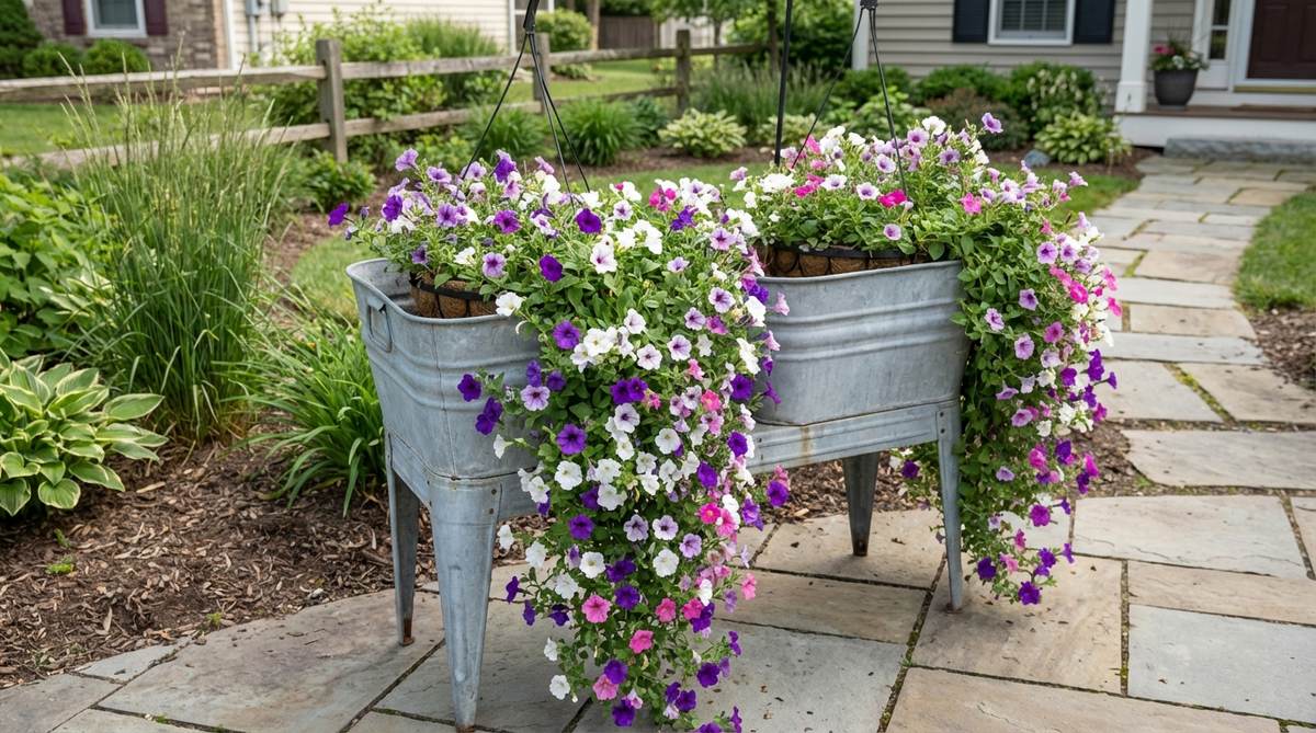 A cascading display of trailing petunias overflowing from a double laundry tub, creating vibrant walls of purple, white, and pink flowers. The zinc-coated tub weathers to a soft gray, complementing the colorful blooms that spill over the edges from two pre-planted 10-inch hanging basket liners.