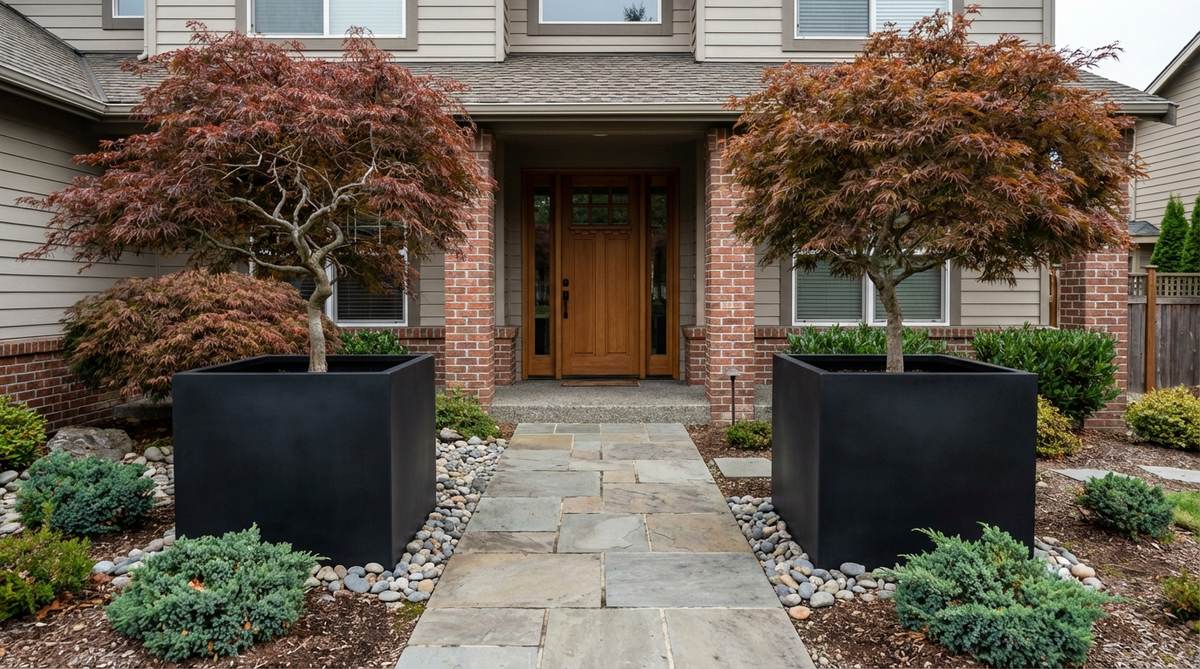 Matte black fiberglass oversized cube planters flanking an entryway with Japanese maple trees, showcasing geometric contrast with delicate branching and seasonal foliage interest.